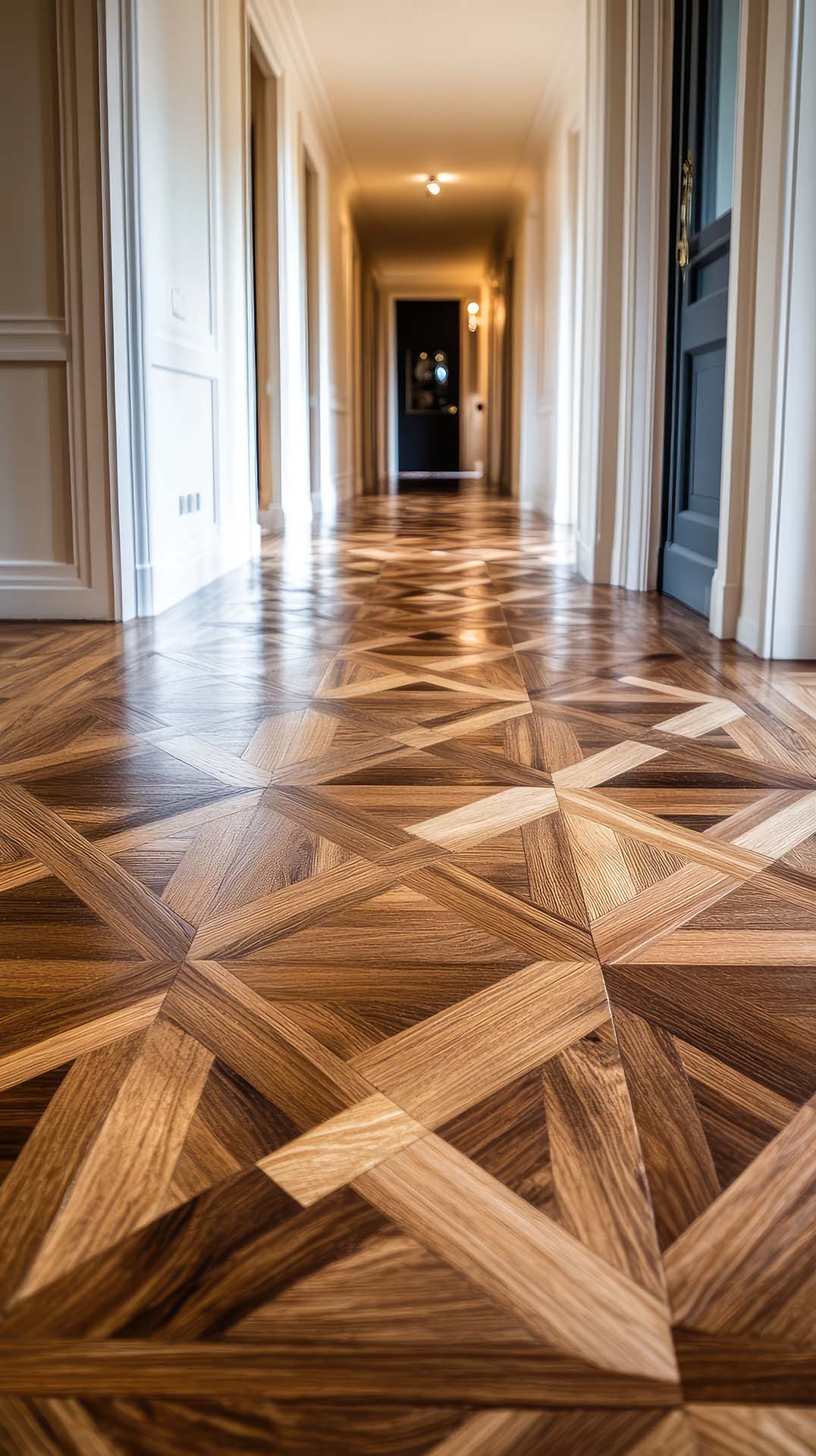Eksklusivt parkettgulv med geometrisk mønster i korridor med elegant interiør