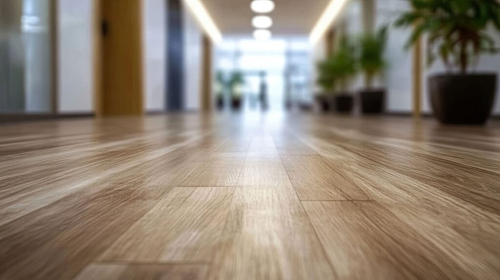 Nytt slipt tregulv i moderne kontor med planter og naturlig lys