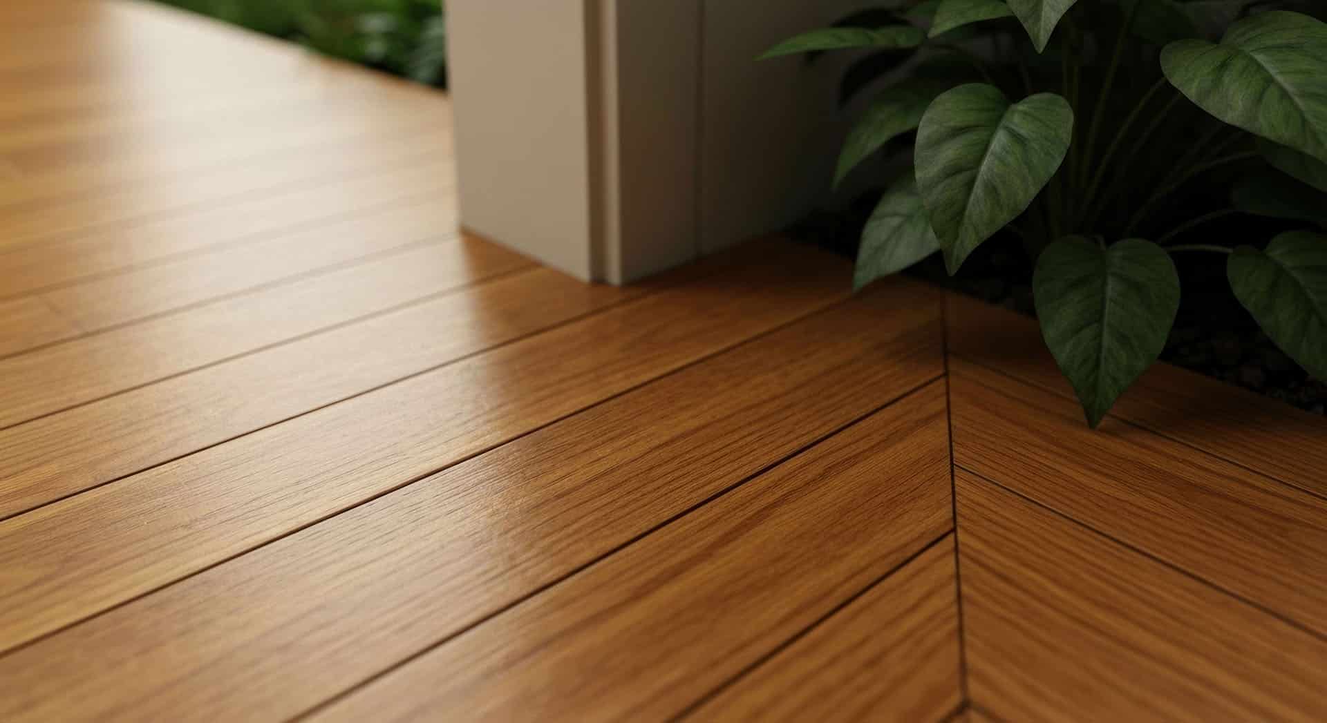 Varmt tregulv med grønne planter langs veggen i moderne interiør